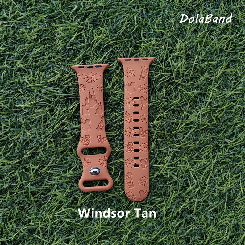 Disney Castle Theme Park Handmade Engraved Silicone Strap Apple Watch Band 38mm 40mm 41mm 42mm 44mm 45mm 49mm Ultra for iWatch Series 9 8-1 Windsor Tan