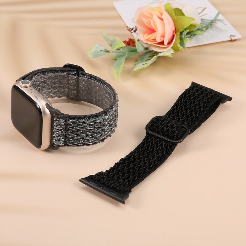 2 packs Elastic Apple Watch Bands 41/38/40/45/42/44/49mm Women, Adjustable Stretchy Solo Loop Strap for iWatch Series SE 8 7 6 5 4 3 2 1 Black/Gray