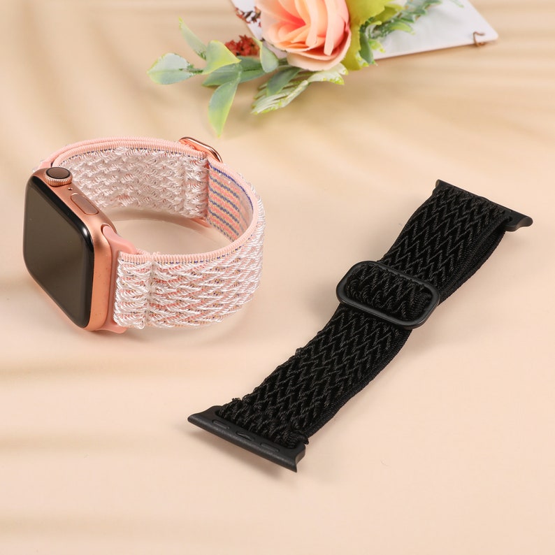 2 packs Elastic Apple Watch Bands 41/38/40/45/42/44/49mm Women, Adjustable Stretchy Solo Loop Strap for iWatch Series SE 8 7 6 5 4 3 2 1 Pink/Black