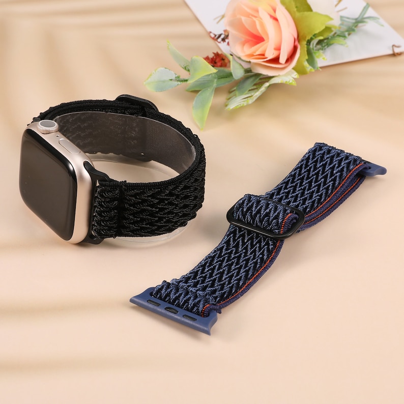 2 packs Elastic Apple Watch Bands 41/38/40/45/42/44/49mm Women, Adjustable Stretchy Solo Loop Strap for iWatch Series SE 8 7 6 5 4 3 2 1 Black/Navy Blue