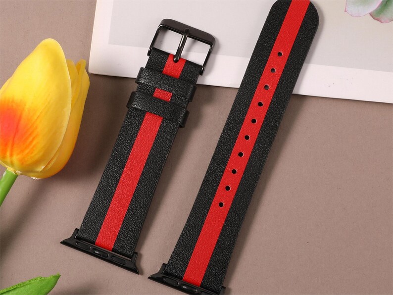 Luxury Leather Strap for Apple Watch Band, 49mm 45mm 41mm 40mm 42mm 44mm 38mm for Women Men Apple Watch Strap Ultra Series 9 8 7 6 5 4 3 2 Black Red