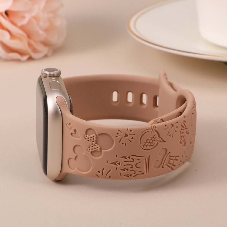 Disney Castle Theme Park Apple Watch Band 38mm 40mm 41mm 42mm 44mm 45mm49 Women Mickey Snack Engraved Silicone Strap for iWatch Series 9/8-1 Milk Tea