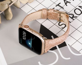 Bracelet en cuir Bling pour Apple Watch Band 38mm / 40mm / 41mm Femmes Bracelet en cuir mince à paillettes pour iwatch Series 7 SE 6 5 4 3 Bracelet mince brillant