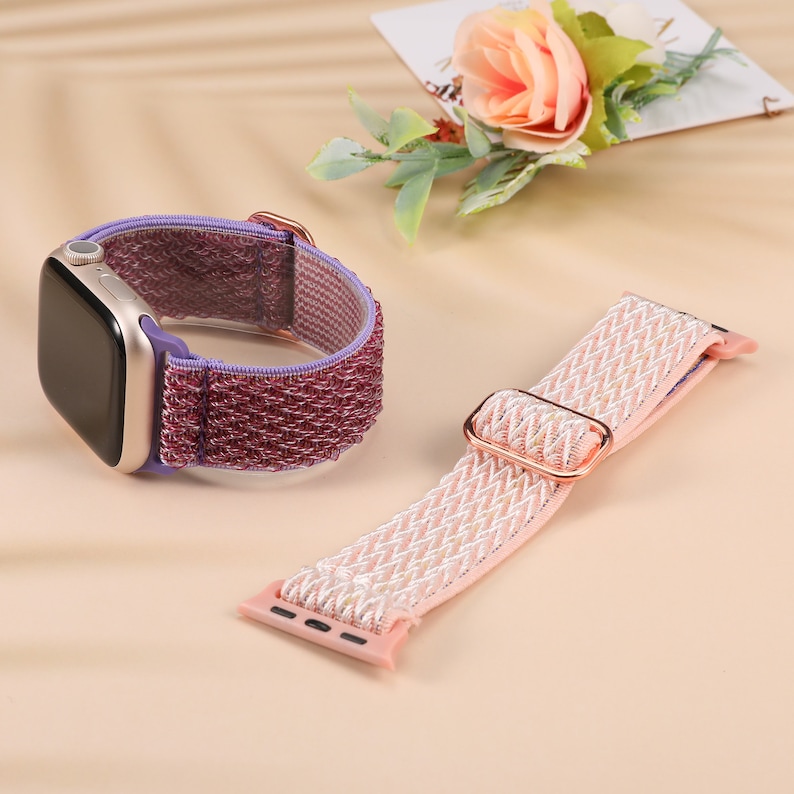 2 packs Elastic Apple Watch Bands 41/38/40/45/42/44/49mm Women, Adjustable Stretchy Solo Loop Strap for iWatch Series SE 8 7 6 5 4 3 2 1 Pink/Purple