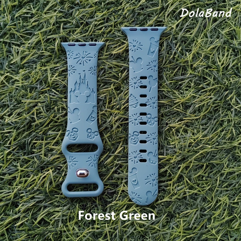 Disney Castle Theme Park Handmade Engraved Silicone Strap Apple Watch Band 38mm 40mm 41mm 42mm 44mm 45mm 49mm Ultra for iWatch Series 9 8-1 Forest Green
