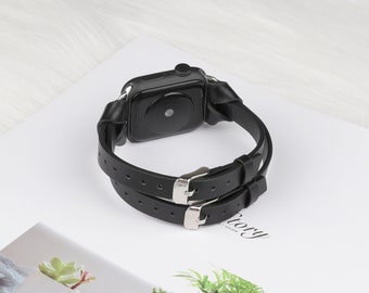 Double bande en cuir pour Apple Watch 38mm 40mm Femmes Chic Bracelet de montre en cuir pour iwatch Series 7 SE 6 5 4 3 2 1 Unique Leather Watch Band