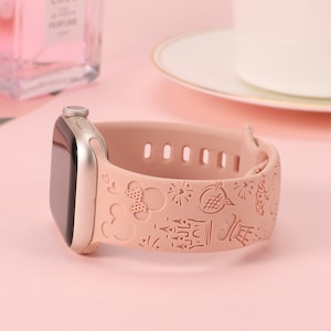 Disney Castle Theme Park Apple Watch Band 38mm 40mm 41mm 42mm 44mm 45mm49 Women Mickey Snack Engraved Silicone Strap for iWatch Series 9/8-1 Pink