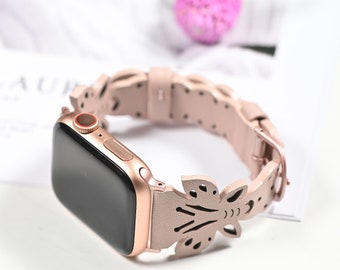 Bracelet en cuir pour Apple Watch 38mm/40mm bracelet en cuir motif papillon pour iwatch série 9 8 7 SE 6 5 4 3 femmes évider bracelet en cuir souple