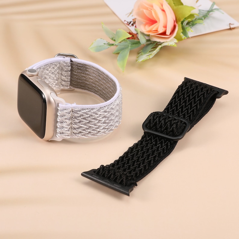 2 packs Elastic Apple Watch Bands 41/38/40/45/42/44/49mm Women, Adjustable Stretchy Solo Loop Strap for iWatch Series SE 8 7 6 5 4 3 2 1 Black/Sea Shell