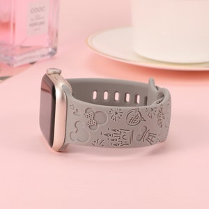 Disney Castle Theme Park Apple Watch Band 38mm 40mm 41mm 42mm 44mm 45mm49 Women Mickey Snack Engraved Silicone Strap for iWatch Series 9/8-1 Gray