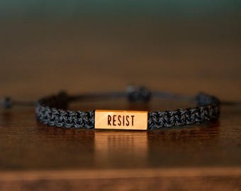 RESIST Bracelet: Personalizable Reclaimed Wood, Adjustable Macrame, Empowerment Jewelry, Various Colors
