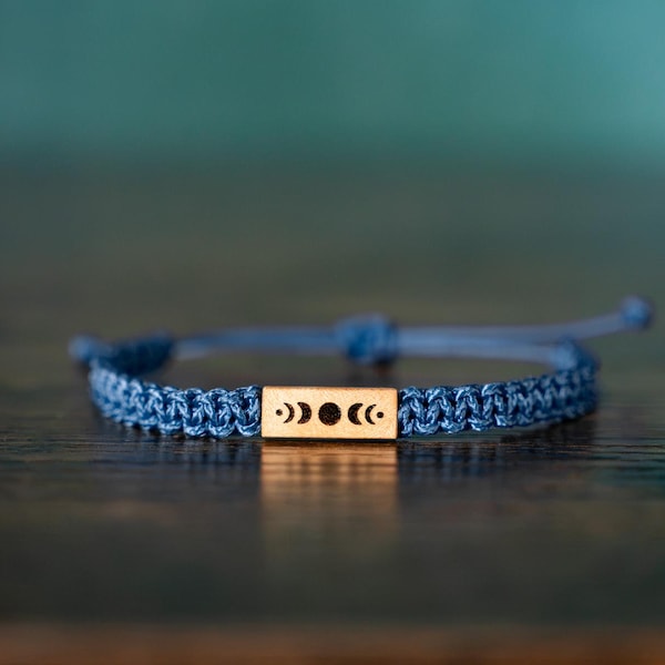 Moon Phases Bracelet: Personalizable Reclaimed Wood, Adjustable Macrame, Astrology Jewelry, Various Colors