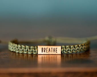 BREATHE Bracelet: Personalizable Reclaimed Burl Wood, Adjustable Macrame, Mindfulness Jewelry, Various Colors