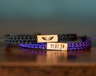 Pulsera del Recuerdo: Madera de raíz recuperada personalizable, macramé ajustable, alas de ángel, varios colores