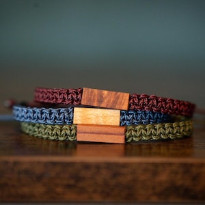 Reclaimed Wood Adjustable Bracelet | Redwood & Maple | Macramé Hand-Braided Paracord | Eco-Friendly Men's Women's Unisex Natural Jewelry