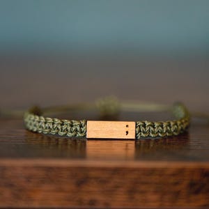 Semicolon Bracelet: Personalizable Reclaimed Wood, Adjustable Macrame, Mental Health Awareness Jewelry, Various Colors