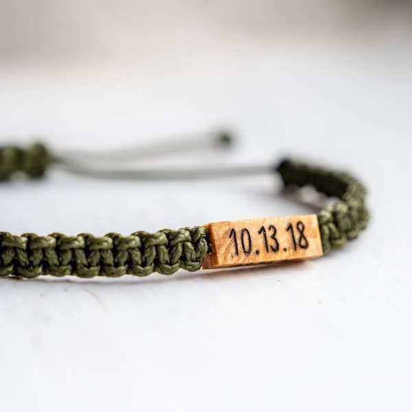 Personalizable Maple Wood Adjustable Bracelet | Macrame Hand Knotted Paracord | Reclaimed Wood | Custom Wood Burned Date/Initial/Name/Word