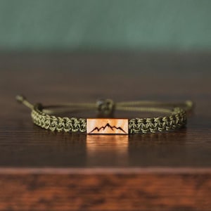 Mountain Bracelet: Personalizable Reclaimed Burl Wood, Adjustable Macrame, Hiking Jewelry, Various Colors