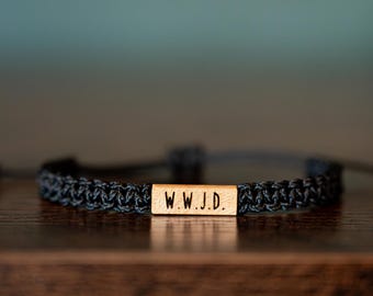 WWJD Bracelet: Personalizable Reclaimed Wood, Adjustable Macrame, Christian Jewelry, Various Colors