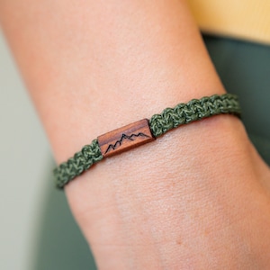 Mountain Reclaimed Wooden Adjustable Bracelet | California Redwood | Wood Burned Pyrography | Macrame Hand Braided Paracord | Nature Hiking