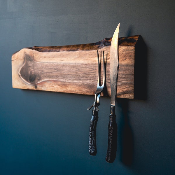 CUSTOM Black Walnut Magnetic Knife Holder | Live Edge Wood | Horizontal or Vertical Wall Mounted Knife Block Magnet | Modern Rustic Kitchen