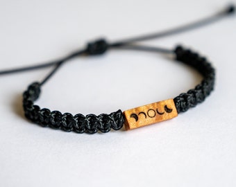 Solar Eclipse Wood Bracelet | Personalizable Adjustable Macramé Bracelet | Astronomy 04/08/2024 | Custom Wood Burned Date/Initial/Name/Word