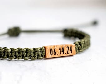 Personalizable Maple Wood Adjustable Bracelet | Macrame Hand Knotted Paracord | Reclaimed Wood | Custom Wood Burned Date/Initial/Name/Word