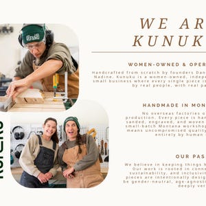 May include: A promotional graphic for Kunuku featuring two photos: one of a person in a green beanie using a table saw to cut wood, and another of two people in work overalls smiling in a workshop. The text reads We Are Kunuku, Women-Owned & Operated, Handmade in Montana, and Our Passion.