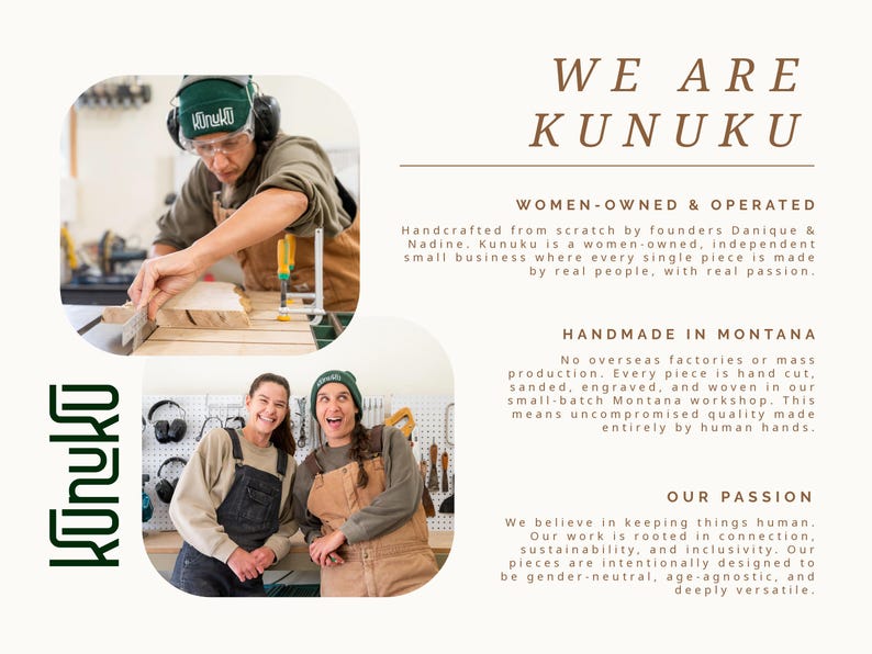 May include: A promotional graphic for Kunuku featuring two photos: one of a person in a green beanie using a table saw to cut wood, and another of two people in work overalls smiling in a workshop. The text reads We Are Kunuku, Women-Owned & Operated, Handmade in Montana, and Our Passion.