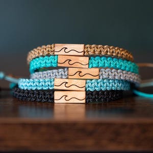 Ocean Wave Bracelet: Personalizable Reclaimed Wood, Adjustable Macrame, Surfer Jewelry, Various Colors