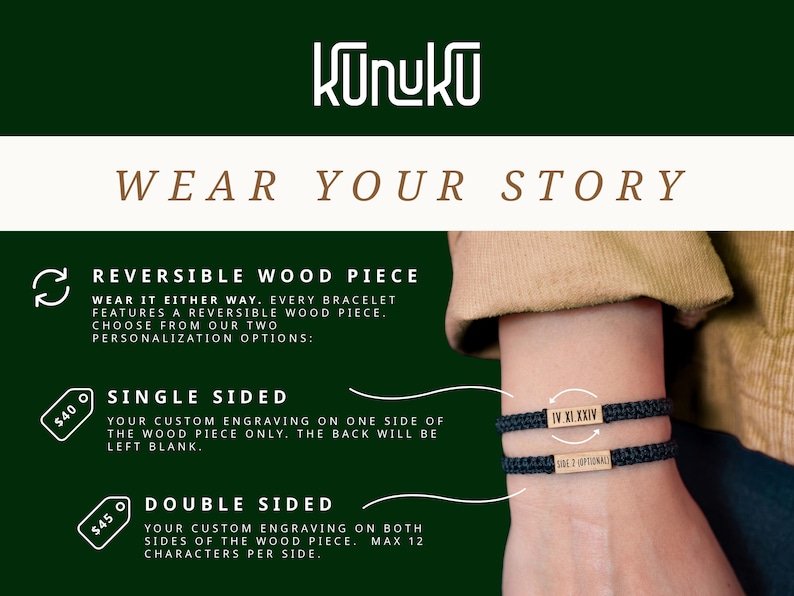 May include: Two black braided cord bracelets featuring rectangular light-colored wood pieces. The top wood piece is engraved with the Roman numerals IV.XI.XXIV, and the bottom wood piece is engraved with the text SIDE 2 (OPTIONAL).