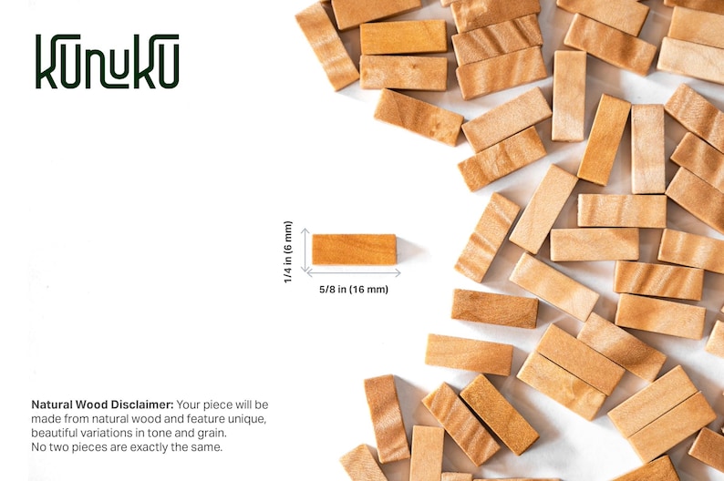 May include: A collection of small, rectangular natural wood blocks scattered on a white surface. One block is isolated with dimension lines showing a height of 1/4 inch and a width of 5/8 inch. The text KUNUKU and a natural wood disclaimer are visible.