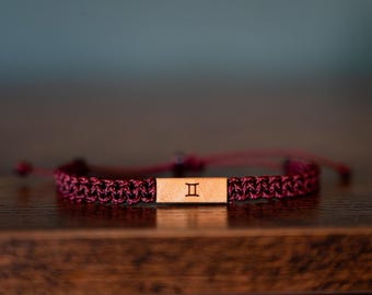 Zodiac Sign Bracelet: Personalizable Reclaimed Wood, Adjustable Macrame, Astrology Jewelry, Various Colors