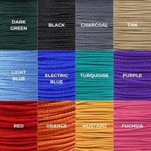 May include: A grid of eighteen color samples of cord, each labeled with its corresponding color name: Olive Green, Dark Green, Black, Charcoal, Tan, Brown, Navy, Light Blue, Electric Blue, Turquoise, Purple, Rainbow, Burgundy, Red, Orange, Mustard, Fuchsia, and Pink.
