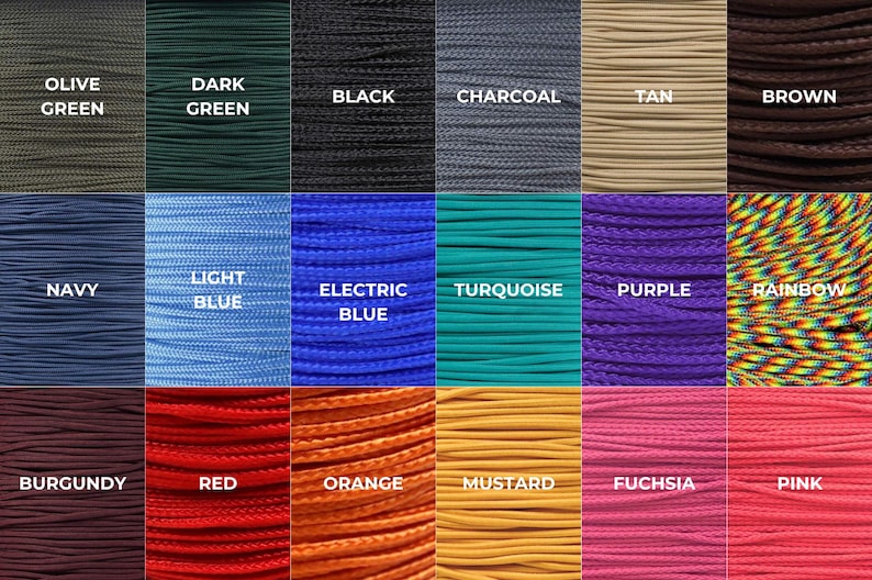 May include: A grid of eighteen color samples of cord, each labeled with its corresponding color name: Olive Green, Dark Green, Black, Charcoal, Tan, Brown, Navy, Light Blue, Electric Blue, Turquoise, Purple, Rainbow, Burgundy, Red, Orange, Mustard, Fuchsia, and Pink.