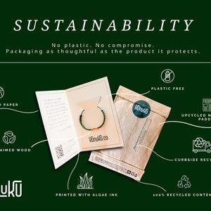 May include: A green bracelet with a small orange accent on a beige card inside a brown paper envelope. The image features text including SUSTAINABILITY, No plastic. No compromise., KUNUKU, RECYCLED PAPER, RECLAIMED WOOD, PLASTIC FREE, UPCYCLED NEWSPAPER PADDING, CURBSIDE RECYCLABLE, PRINTED WITH ALGAE INK, 100% RECYCLED CONTENT.