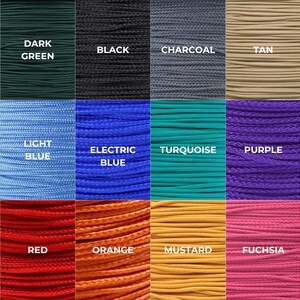 May include: A grid of eighteen color samples of braided cord, each labeled with its color name: Olive Green, Dark Green, Black, Charcoal, Tan, Brown, Navy, Light Blue, Electric Blue, Turquoise, Purple, Rainbow, Burgundy, Red, Orange, Mustard, Fuchsia, and Pink.
