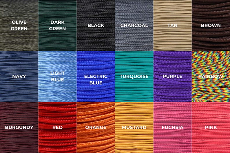 May include: A grid of eighteen color samples of braided cord, each labeled with its color name: Olive Green, Dark Green, Black, Charcoal, Tan, Brown, Navy, Light Blue, Electric Blue, Turquoise, Purple, Rainbow, Burgundy, Red, Orange, Mustard, Fuchsia, and Pink.
