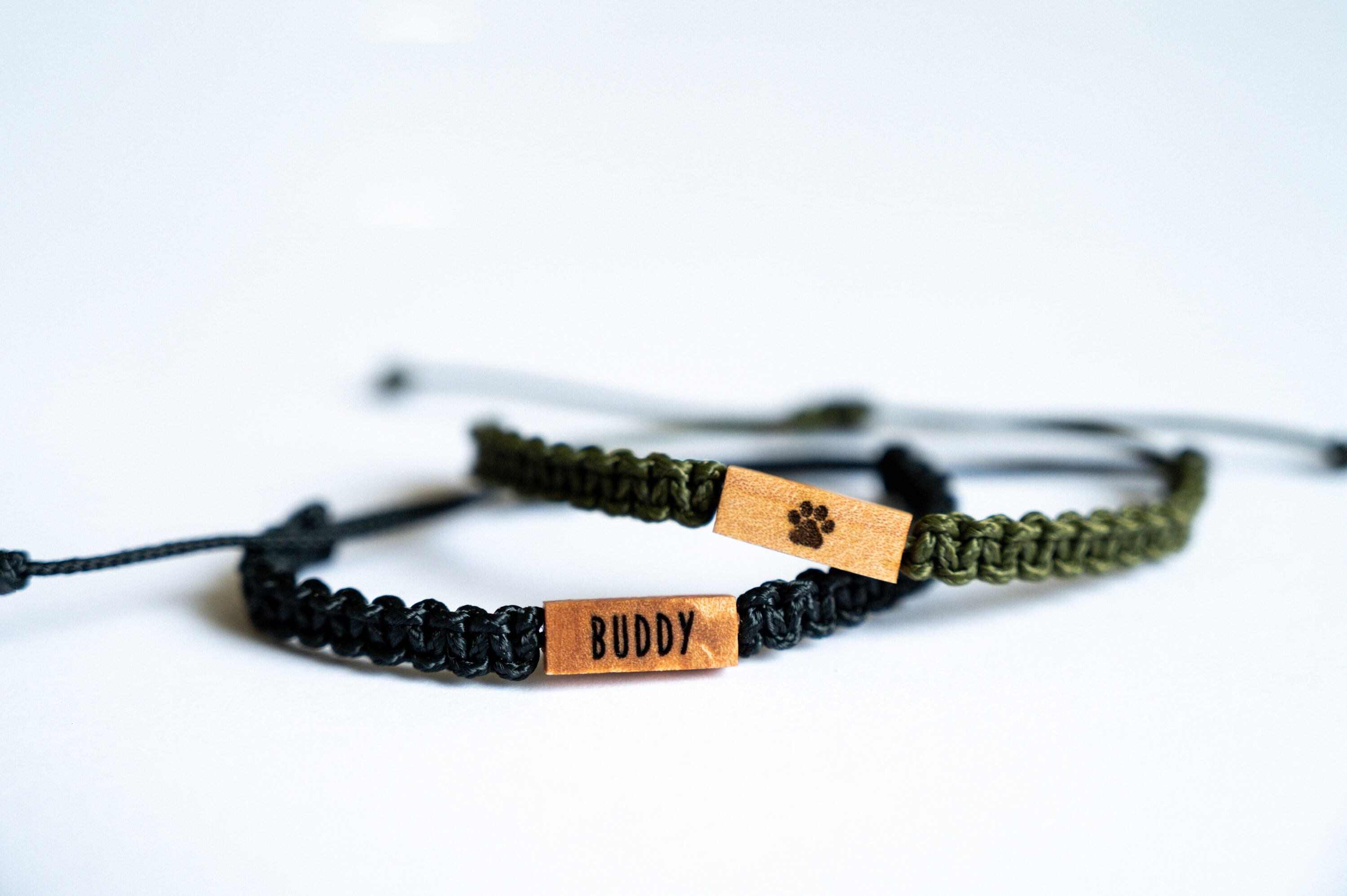 Personalized Pet Bracelet, Reclaimed Maple Wood, Adjustable Macrame Braided Paracord, Dog/Cat Memorial, Engraved Paw Print Custom Name