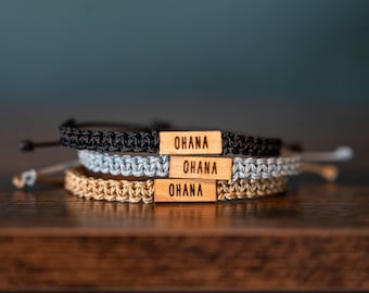 OHANA Bracelet: Personalizable Reclaimed Wood, Adjustable Macrame, Hawaiian Family Jewelry, Various Colors