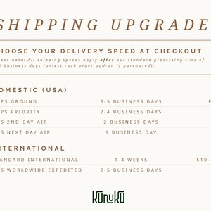 May include: A white informational graphic with brown text titled SHIPPING UPGRADES. It lists domestic and international delivery options including USPS Ground, USPS Priority, UPS 2nd Day Air, UPS Next Day Air, and UPS Worldwide Expedited with the brand name Kunuku.