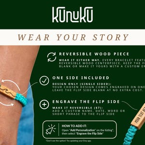May include: A turquoise braided cord bracelet featuring a rectangular wooden centerpiece. The wood piece displays a wave engraving on one side and the text YOUR TEXT HERE on the other. The graphic includes the brand name KUNUKU and WEAR YOUR STORY.