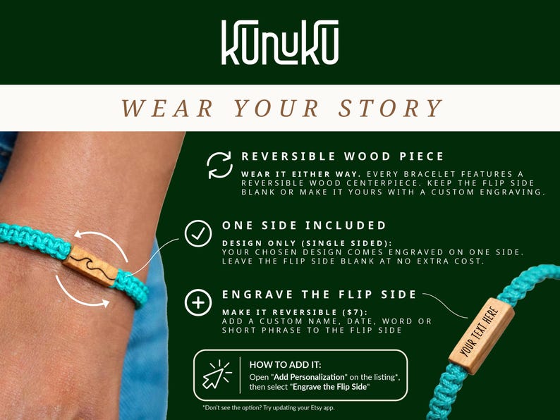 May include: A turquoise braided cord bracelet featuring a rectangular wooden centerpiece. The wood piece displays a wave engraving on one side and the text YOUR TEXT HERE on the other. The graphic includes the brand name KUNUKU and WEAR YOUR STORY.