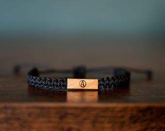 Atheist Bracelet: Personalizable Reclaimed Maple Burl Wood, Adjustable Macrame, Atomic Jewelry, Various Colors