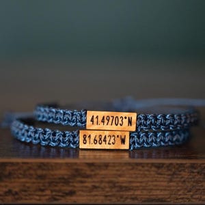 Custom Coordinates Bracelet: Personalizable Reclaimed Wood, Adjustable Macrame, GPS Location Jewelry, Various Colors
