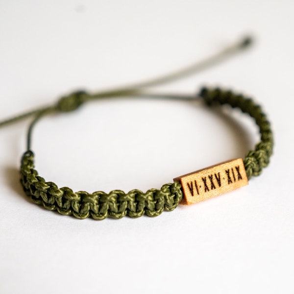 Roman Numerals Wood Macramé Bracelet | Personalized, Adjustable, & Reversible with Custom Back: Wood Burned Date/Initial/Name/Word