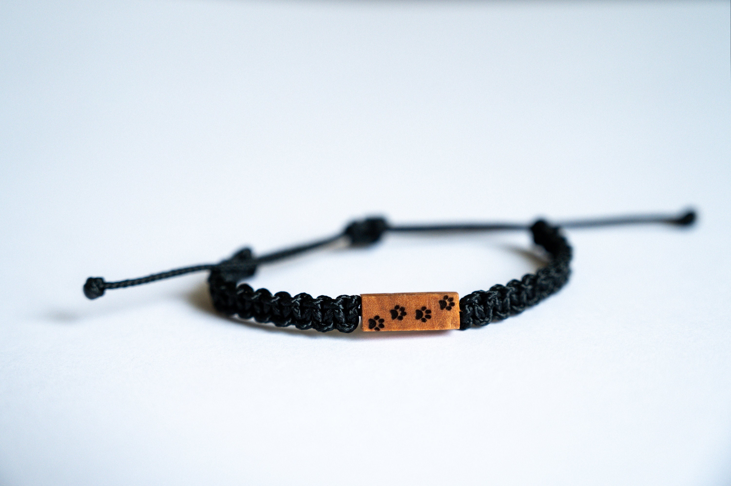 Personalized Pet Bracelet, Reclaimed Maple Wood, Adjustable Macrame Braided Paracord, Dog/Cat Memorial, Engraved Paw Print Custom Name