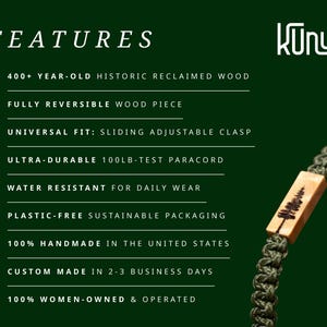 May include: A bracelet featuring a rectangular light-colored wood bead with a dark tree silhouette engraving, attached to a dark green braided paracord band with a sliding adjustable clasp. The text KUNUKU and a list of product features are visible.