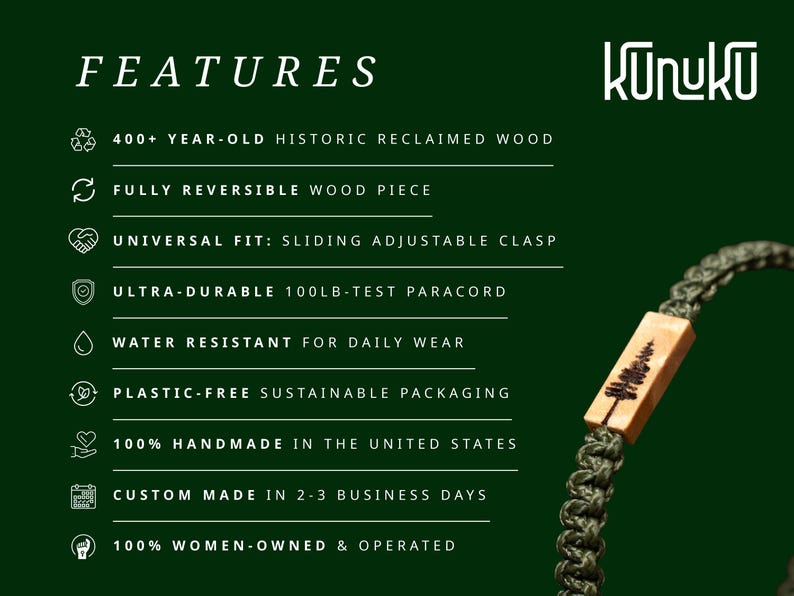 May include: A bracelet featuring a rectangular light-colored wood bead with a dark tree silhouette engraving, attached to a dark green braided paracord band with a sliding adjustable clasp. The text KUNUKU and a list of product features are visible.