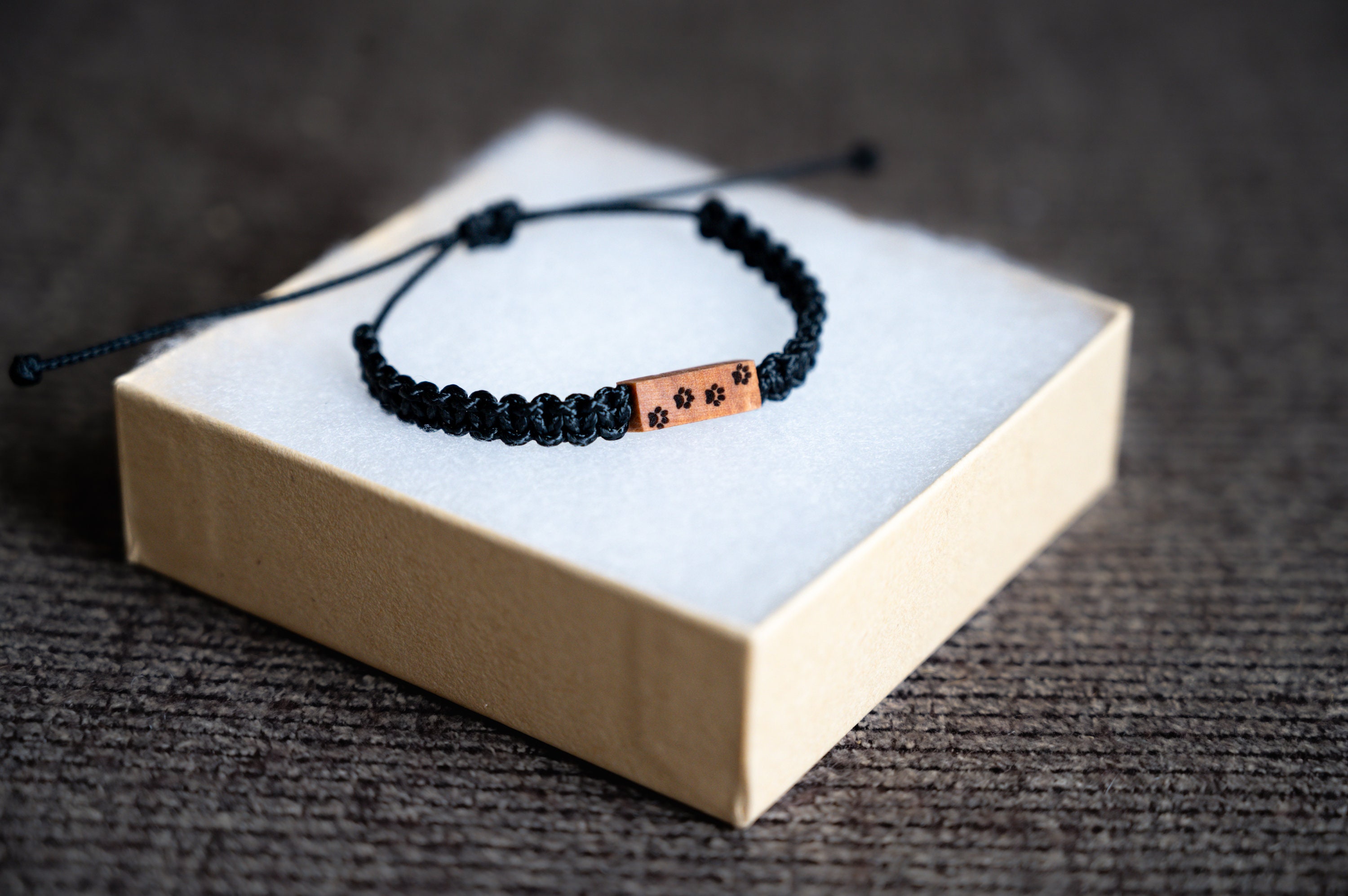 Personalized Pet Bracelet, Reclaimed Maple Wood, Adjustable Macrame Braided Paracord, Dog/Cat Memorial, Engraved Paw Print Custom Name